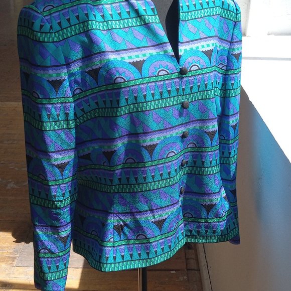 Vintage 100% silk Purple bluescreen black geometric print blazer - Picture 2 of 6